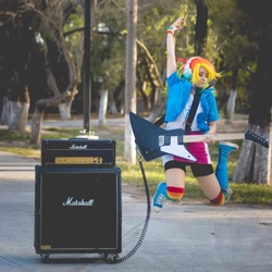 Size: 1080x1080 | Tagged: safe, imported from derpibooru, rainbow dash, human, equestria girls, amp, clothes, converse, cosplay, costume, electric guitar, guitar, guitar amp, guitar cabinet, headphones, irl, irl human, marshall, multicolored hair, musical instrument, photo, rainbow hair, shoes, sneakers