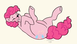 Size: 1888x1096 | Tagged: safe, artist:immunefox, imported from derpibooru, pinkie pie, earth pony, pony, digital art, doodle, featureless crotch, legs in air, looking at you, lying down, on back, playful
