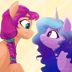 Size: 2048x2048 | Tagged: safe, artist:pfeffaroo, imported from derpibooru, izzy moonbow, sunny starscout, earth pony, pony, unicorn, braid, braided ponytail, duo, duo female, eye contact, eyes open, female, g5, high res, horn, looking at each other, looking at someone, mare, my little pony: a new generation, smiling, smiling at each other