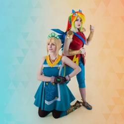 Size: 1080x1080 | Tagged: safe, imported from derpibooru, applejack, rainbow dash, human, equestria girls, clothes, cosplay, costume, crystal guardian, duo, irl, irl human, photo, ponied up