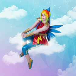 Size: 2159x2159 | Tagged: safe, imported from derpibooru, rainbow dash, human, equestria girls, clothes, cloud, cosplay, costume, crystal guardian, high res, irl, irl human, photo, ponied up, solo