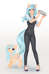 Size: 2000x3000 | Tagged: safe, artist:slh, imported from derpibooru, oc, human, unicorn, bartender, blue hair, clothes, full body, high heels, high res, humanized, shirt, shoes, simple background, solo, white background