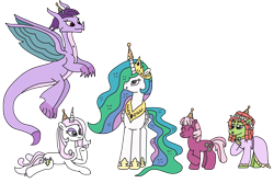 Size: 2812x1881 | Tagged: safe, artist:supahdonarudo, imported from derpibooru, cheerilee, fleur-de-lis, princess celestia, prominence, tree hugger, alicorn, dragon, earth pony, unicorn, birthday, clothes, dragoness, dress, female, floral head wreath, flower, hat, lying down, nicole oliver, party hat, prone, simple background, transparent background