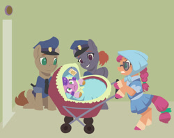 Size: 1000x796 | Tagged: safe, artist:gor1ck, imported from derpibooru, pipp petals, sunny starscout, oc, earth pony, pegasus, pony, angry, baby carriage, disguise, female, g5, male, mare, pipp is short, pipp petals is not amused, police officer, stallion, stroller, unamused