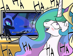 Size: 5104x3944 | Tagged: safe, artist:doktor-d, imported from derpibooru, screencap, nightmare moon, princess celestia, alicorn, pony, absurd resolution, blushing, crown, discovery family, discovery family logo, emanata, female, horn, japanese, jewelry, laughing, logo, mare, open mouth, regalia, shrunken pupils, television, translation request