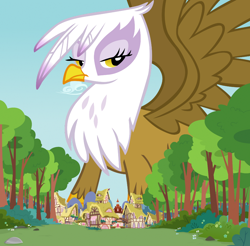 Size: 1280x1262 | Tagged: safe, artist:boneswolbach, artist:cloudy glow, artist:thegiantponyfan, imported from derpibooru, gilda, griffon, female, giant griffon, giantess, houses, looking at you, macro, mega giant, mega gilda, mountain, ponyville, solo, spread wings, tree, wings