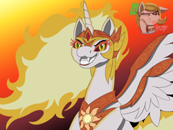 Size: 1600x1200 | Tagged: safe, artist:gray star, derpibooru exclusive, imported from derpibooru, daybreaker, alicorn, pony, crown, fangs, female, fire, flowing mane, jewelry, lidded eyes, mane of fire, regalia, smiling, solo
