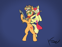 Size: 1600x1200 | Tagged: safe, artist:inkshowdude, imported from derpibooru, apple bloom, applejack, earth pony, pony, bipedal, female, filly, foal, gun, jak and daxter, mare, weapon