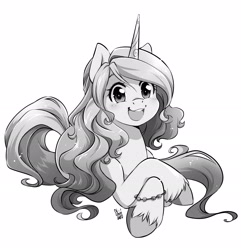 Size: 2100x2180 | Tagged: safe, alternate version, artist:nekoshiei, imported from derpibooru, izzy moonbow, pony, unicorn, female, g5, grayscale, high res, looking at you, mare, monochrome, my little pony: a new generation, open mouth, simple background, smiling, solo, white background