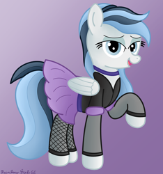 Size: 2592x2772 | Tagged: safe, artist:rainbowšpekgs, imported from derpibooru, oc, oc only, oc:haze northfleet, pegasus, pony, bedroom eyes, clothes, cute, dress, female, fishnets, folded wings, full body, gradient background, high res, mare, open mouth, open smile, pegasus oc, raised hoof, sexy, signature, skirt, smiling, socks, solo, standing, stockings, tail, thigh highs, wings