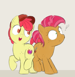 Size: 951x988 | Tagged: safe, artist:dtcx97, imported from derpibooru, apple bloom, babs seed, earth pony, pony, adorabloom, alternate hairstyle, baseball cap, beige background, butt bump, cap, cute, exclamation point, female, filly, foal, freckles, hat, simple background, surprised, tomboy