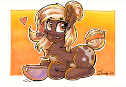 Size: 2352x1622 | Tagged: safe, artist:dandy, imported from derpibooru, oc, oc only, oc:sweet marble, earth pony, pony, :3, ;p, batter, bowl, chest fluff, copic, ear fluff, earth pony oc, female, floating heart, food, hair bun, heart, heart eyes, looking at you, mare, marker drawing, markings, mixing bowl, mouth hold, one eye closed, pale belly, smiling, solo, tail, tail bun, tongue out, traditional art, whisk, wingding eyes