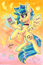 Size: 1791x2688 | Tagged: safe, artist:dandy, imported from derpibooru, oc, oc only, oc:koa, pegasus, pony, :3, abstract background, chest fluff, choker, copic, ear fluff, female, flying, game boy, heart, looking at you, mare, marker drawing, pegasus oc, pokémon, signature, smiling, solo, tongue out, traditional art