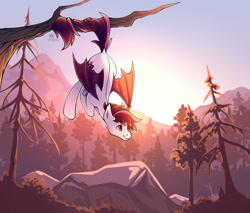 Size: 1280x1092 | Tagged: safe, artist:lilitepsilon, imported from derpibooru, oc, oc only, oc:mythic horizon, bat pony, pony, bat pony oc, bat wings, behaving like a bat, commission, fangs, forest, hanging, hanging upside down, male, mountain, prehensile tail, solo, stallion, sunset, tail, tree branch, underhoof, upside down, wings, ych result