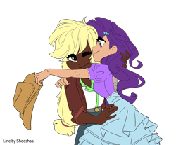 Size: 2300x1900 | Tagged: safe, artist:icicle-wicicle-1517, artist:shooshaa, color edit, edit, imported from derpibooru, applejack, rarity, human, alternate hairstyle, applejack's hat, belt, clothes, coat, collaboration, colored, cowboy hat, dark skin, duo, female, hat, hug, humanized, interracial, lesbian, one eye closed, rarijack, shipping, shirt, simple background, skirt, t-shirt, transparent background, wink