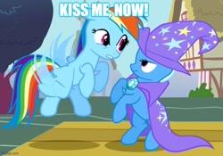 Size: 714x500 | Tagged: safe, edit, edited screencap, imported from derpibooru, screencap, rainbow dash, trixie, pegasus, pony, unicorn, boast busters, season 1, cape, caption, clothes, duo, duo female, female, flapping wings, flying, frown, hat, image macro, lesbian, looking at each other, looking at someone, mare, shipping, teeth, text, trixdash, trixie's cape, trixie's hat, wings