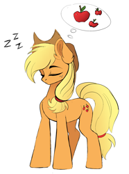 Size: 1911x2573 | Tagged: safe, artist:vetta, imported from derpibooru, applejack, earth pony, pony, applebuck season, apple, cute, female, food, jackabetes, mare, silly, silly pony, simple background, sleeping, sleeping while standing, solo, white background, who's a silly pony