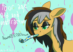 Size: 2390x1705 | Tagged: safe, artist:sufficient, imported from derpibooru, oc, oc only, oc:steaming stove, pony, balloon, birthday, depressed, mascara, old, party horn, solo