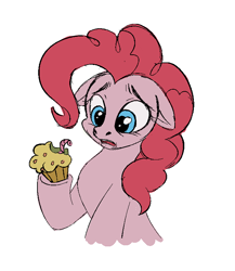 Size: 622x717 | Tagged: safe, artist:vetta, imported from derpibooru, pinkie pie, earth pony, pony, worm, applebuck season, baked bads, floppy ears, food, muffin, scene interpretation, simple background, sketch, solo, white background