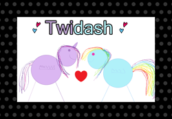 Size: 1008x700 | Tagged: safe, artist:twilyisbestpone, derpibooru exclusive, imported from derpibooru, rainbow dash, twilight sparkle, alicorn, pegasus, pony, 1000 hours in ms paint, female, heart, horrible, lesbian, love, mare, polka dot background, shipping, smiling, stick pony, stylistic suck, terrible, text, twidash, twilight sparkle (alicorn)