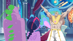 Size: 1920x1080 | Tagged: safe, edit, edited screencap, imported from derpibooru, screencap, princess celestia, spike, twilight sparkle, alicorn, human, alex louis armstrong, alphonse elric, anime, bad edit, edward elric, fullmetal alchemist, male, meme, muscles, muscular male, nervous sweat, original art, shitposting, throne room, twilight sparkle (alicorn)