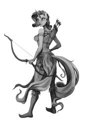 Size: 2480x3508 | Tagged: safe, artist:vitaj, imported from derpibooru, rarity, anthro, plantigrade anthro, unicorn, archer, archery, arrow, bow (weapon), bow and arrow, clothes, coat, dress, evening gloves, female, fingerless elbow gloves, fingerless gloves, fir'bolg, gloves, grayscale, knife, long gloves, mare, monochrome, myth (bungie), myth: the fallen lords, quiver, shoes, simple background, solo, tattoo, transparent background, weapon