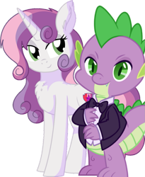Size: 809x988 | Tagged: safe, artist:aureai-sketches, artist:cyanlightning, artist:juneartcraft19, edit, editor:undeadponysoldier, imported from ponybooru, vector edit, spike, sweetie belle, dragon, pony, unicorn, beautiful, bedroom eyes, bowtie, chest fluff, clothes, cutie mark, female, handsome, looking at you, male, mare, older, older spike, older sweetie belle, shipping, show accurate, simple background, spikebelle, straight, the cmc's cutie marks, transparent background, tuxedo, vector