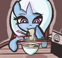 Size: 2240x2086 | Tagged: safe, artist:solidshrimp, imported from derpibooru, trixie, pony, unicorn, chopsticks, eating, food, glass of water, glow, glowing horn, horn, magic, noodles, ramen, solo, telekinesis, water