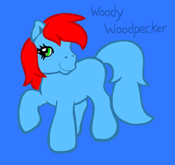 Size: 666x628 | Tagged: safe, artist:mlpfanboy579, earth pony, pony, blue background, blue tail, crossover, female, full body, g3, green eyes, mare, ponified, raised hoof, raised leg, red hair, red mane, simple background, smiling, solo, woody woodpecker