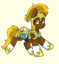 Size: 1336x1439 | Tagged: safe, artist:bluemoon, imported from ponybooru, oc, oc only, oc:acres, earth pony, pony, armor, blonde, blonde mane, blonde tail, brown coat, coat markings, earth pony oc, male, royal guard, simple background, socks (coat marking), solo, stallion