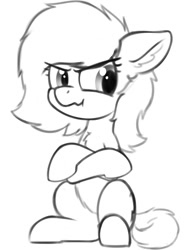 Size: 799x1085 | Tagged: safe, artist:smoldix, oc, oc:filly anon, earth pony, pony, chest fluff, crossed arms, female, filly, frown, grumpy, mare, monochrome, simple background, sitting