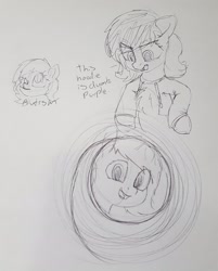 Size: 1836x2281 | Tagged: safe, artist:smoldix, oc, oc:filly anon, earth pony, chest fluff, clothes, drawpile, female, filly, mare, monochrome, open mouth, smiling, traditional art