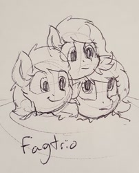 Size: 1189x1474 | Tagged: safe, artist:smoldix, oc, oc:filly anon, earth pony, pony, female, filly, frown, mare, monochrome, simple background, smiling, traditional art