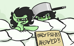 Size: 586x360 | Tagged: safe, artist:plunger, oc, oc:filly anon, earth pony, pony, female, filly, hat, mare, open mouth, pillow, pillow fort, pointing, pot, sign