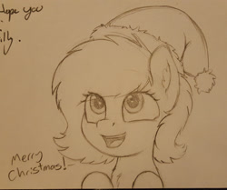 Size: 2197x1836 | Tagged: safe, artist:smoldix, oc, oc:filly anon, earth pony, pony, chest fluff, christmas, female, filly, hat, holiday, mare, merry christmas, monochrome, open mouth, santa hat, simple background, smiling, traditional art
