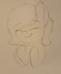 Size: 1519x1836 | Tagged: safe, artist:smoldix, oc, oc:filly anon, pony, eart ponth, eyes closed, female, filly, heat, mare, monochrome, simple background, smiling, traditional art