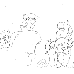 Size: 1500x1500 | Tagged: safe, artist:anonymous, oc, oc only, pony, female, filly, mare, monochrome, open mouth, snow, snow fort, snowball, snowball fight, snowfall, snowpony (species), taiga pony