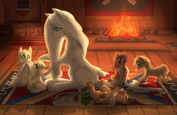 Size: 2708x1764 | Tagged: safe, artist:snspony, oc, oc only, oc:cirrus wisp, pony, colt, comb, female, filly, fire, fire pit, long mane, long tail, male, mare, mouth hold, rug, sitting, smiling, snowpony (species), taiga pony, unshorn fetlocks