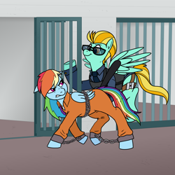 Size: 3600x3600 | Tagged: safe, artist:pony quarantine, imported from derpibooru, lightning dust, rainbow dash, pegasus, pony, cell, clothes, commission, cuffed, cuffs, duo, gritted teeth, grumpy, jail, jail cell, never doubt rainbowdash69's involvement, nightstick, officer ld, police uniform, prison, prison outfit, prisoner rd, shackles, shirt, smiling, smirk, sunglasses, undershirt