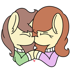 Size: 3000x3000 | Tagged: safe, artist:hymyt2, imported from derpibooru, oc, oc:flani bainilye, oc:hymyt, pony, unicorn, clothes, female, heart, kissing, lesbian, simple background, sweater, transparent background