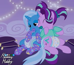 Size: 900x792 | Tagged: safe, artist:mommymidday, imported from derpibooru, starlight glimmer, trixie, pony, unicorn, abdl, adult foal, bedroom, clothes, cuddling, cuddling in bed, dark room, diaper, diaper fetish, duo, duo female, fairy lights, female, fetish, lesbian, mare, non-baby in diaper, pacifier, pigtails, pillow, poofy diaper, relaxed, relaxing, shipping, shirt, show accurate, signature, sitting, socks, startrix