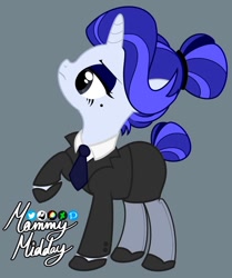 Size: 754x900 | Tagged: safe, artist:mommymidday, imported from derpibooru, oc, oc only, oc:madame cobalt, unnamed oc, pony, unicorn, beauty mark, clothes, eyeshadow, female, hair bun, makeup, mare, necktie, raised hoof, raised nose, shoes, show accurate, signature, simple background, snooty, solo, suit, tail, tail bun, tights, two toned mane