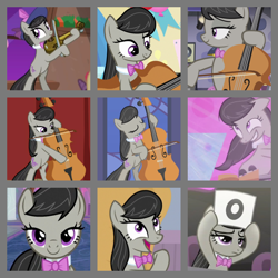 Size: 800x800 | Tagged: safe, artist:twilyisbestpone, edit, edited screencap, imported from derpibooru, screencap, octavia melody, earth pony, pony, a hearth's warming tail, a horse shoe-in, bloom and gloom, season 1, season 5, season 6, season 9, slice of life (episode), the best night ever, 0, bedroom eyes, bipedal, bowtie, cello, collage, compilation, cute, female, mare, musical instrument, score card, solo, tavibetes