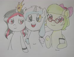 Size: 3594x2757 | Tagged: safe, artist:wrath-marionphauna, imported from derpibooru, oc, oc only, oc:aguamelon, oc:luz, oc:rol fanatic, pony, unicorn, bow, crown, glasses, hair bow, jewelry, notebook, pigtails, ponylatino, smiling, traditional art, trio, twintails