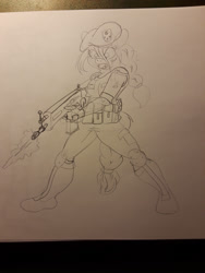 Size: 2448x3264 | Tagged: safe, artist:fuuby, imported from derpibooru, oc, oc only, oc:specter ace, anthro, bat pony, angry, armor, beret, boots, braided ponytail, braided tail, combat armor, fn scar, gun, hat, shoes, solo, tail, traditional art, weapon