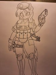 Size: 3000x4000 | Tagged: safe, artist:fuuby, imported from derpibooru, oc, oc:specter ace, anthro, bat pony, armor, beret, body armor, boots, braided ponytail, clothes, female, fingerless gloves, gloves, gun, handgun, hat, night guard, rolled up sleeves, shoes, traditional art, weapon