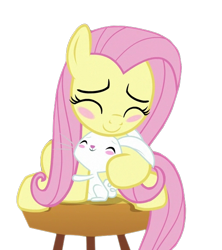 Size: 527x593 | Tagged: safe, artist:twilyisbestpone, edit, edited screencap, imported from derpibooru, screencap, angel bunny, fluttershy, pegasus, pony, rabbit, angelbetes, animal, background removed, blush sticker, blushing, cute, eyes closed, hug, shyabetes, simple background, stool, sweet dreams fuel, transparent background