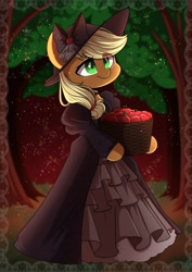 Size: 1448x2048 | Tagged: safe, artist:sakukitty, imported from derpibooru, part of a set, applejack, semi-anthro, apple, apple basket, basket, clothes, dress, food, hat, solo