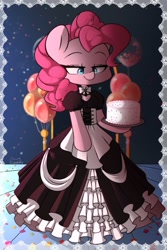 Size: 1200x1800 | Tagged: safe, artist:sakukitty, imported from derpibooru, part of a set, pinkie pie, earth pony, semi-anthro, balloon, cake, clothes, dress, food, solo
