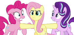 Size: 1280x605 | Tagged: safe, artist:twilyisbestpone, edit, edited screencap, imported from derpibooru, screencap, fluttershy, pinkie pie, starlight glimmer, pegasus, pony, the mean 6, background removed, crying, female, mare, not a vector, raised hoof, simple background, teary eyes, transparent background, trio